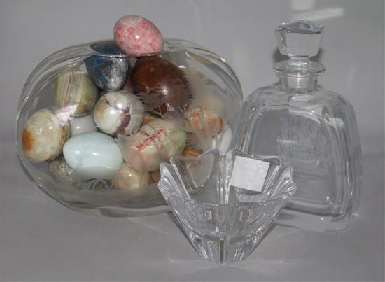 A Bohemian art cut glass vase, etched with stags, a glass decanter Charter Centenary and an Orrefors glass bowl (3)